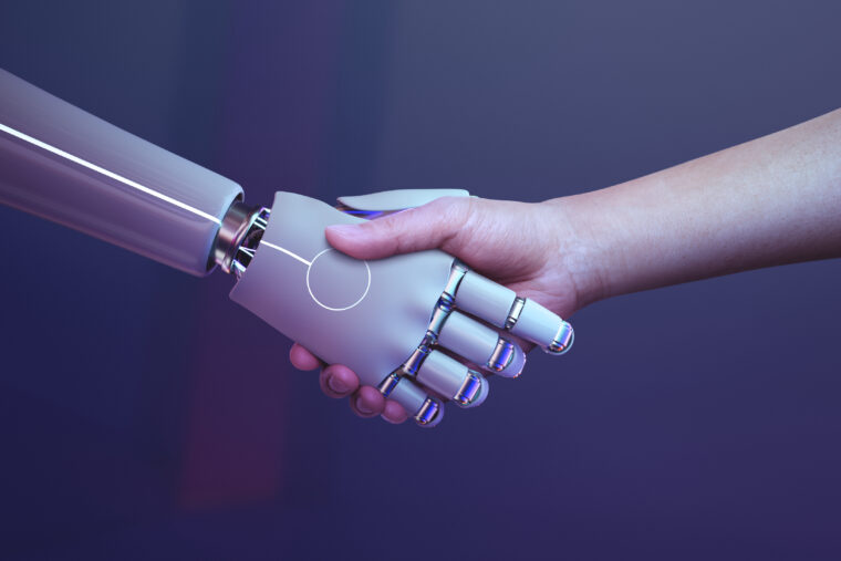 robot handshake human background, futuristic digital age